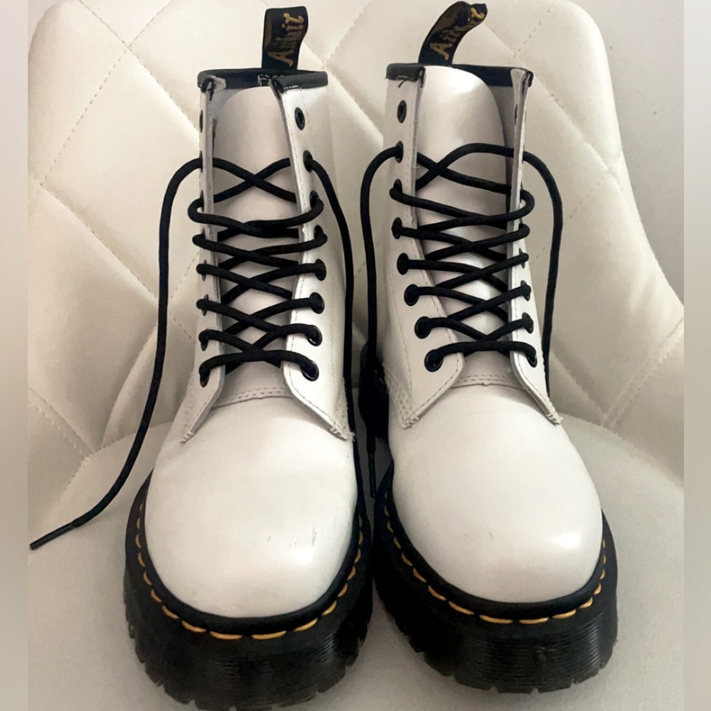 Dr. Martens White Leather Platform Lace-Up Boots with Black Trim